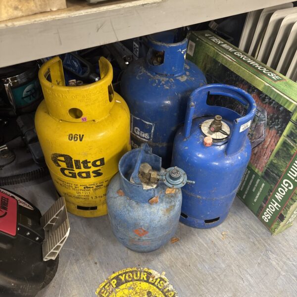 Assorted patio gas canisters in a mixed lot.