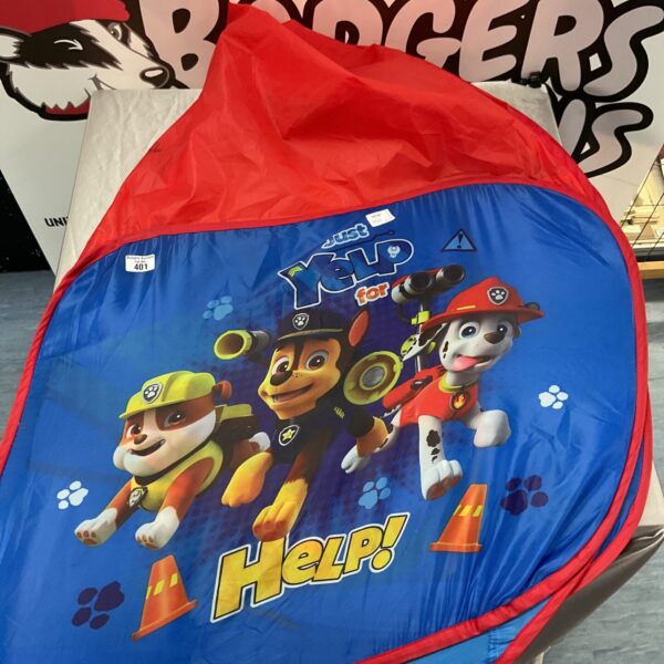Front view of a colourful Paw Patrol kids play tent.