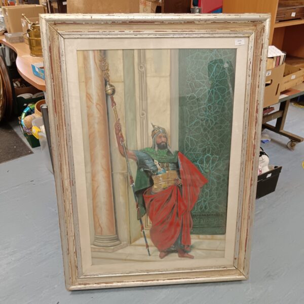 Large 19th-century oil painting of a Persian warrior in ornate attire.