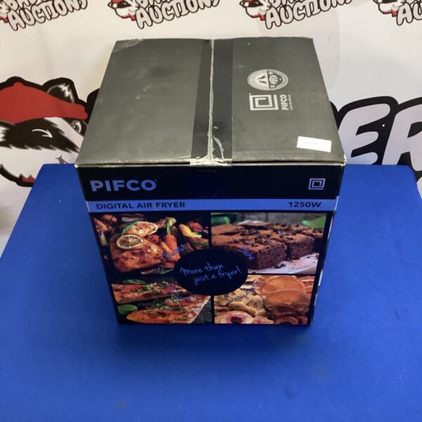 Pifco digital air fryer in original box, kitchen appliance.