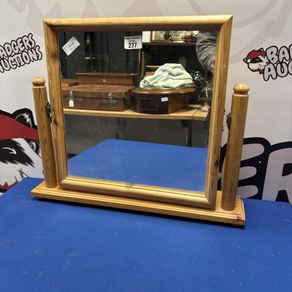 Vintage pine dressing table mirror with wooden frame.