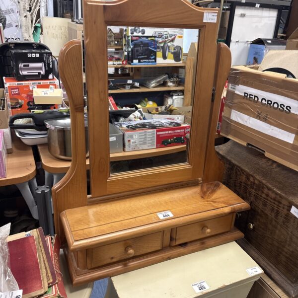 Vintage pine dressing table mirror with wooden frame.