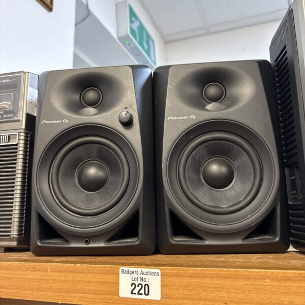 Pair of used Pioneer DJ DM-40 active monitor speakers for audio monitoring.