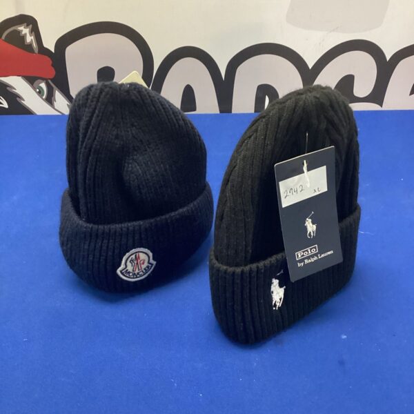 Designer beanie hats lot featuring Polo and Moncler brands.