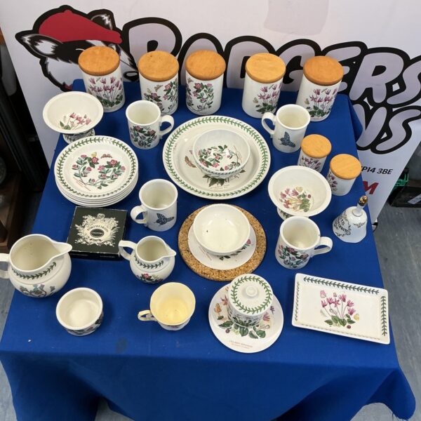Large lot of vintage Portmeirion Botanical Garden tableware with floral designs.
