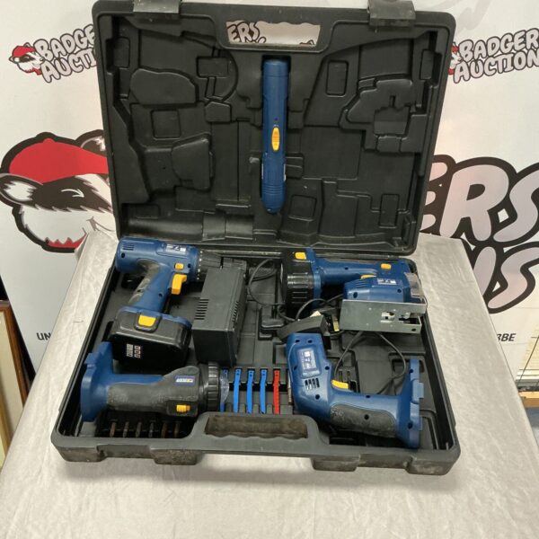 Power Craft cordless drill set with battery and charger.