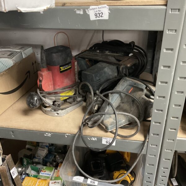 Vintage power tool selection including Perles router and Black and Decker saw.