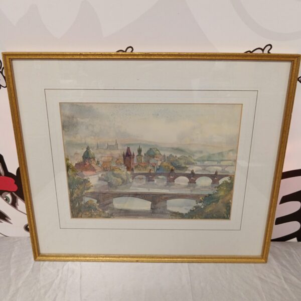 Signed 1960s watercolour painting of a Prague cityscape.