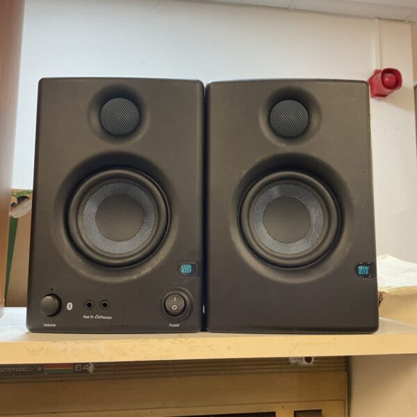 Pair of Presonus Eris E3.5BT active studio monitor speakers in detail.