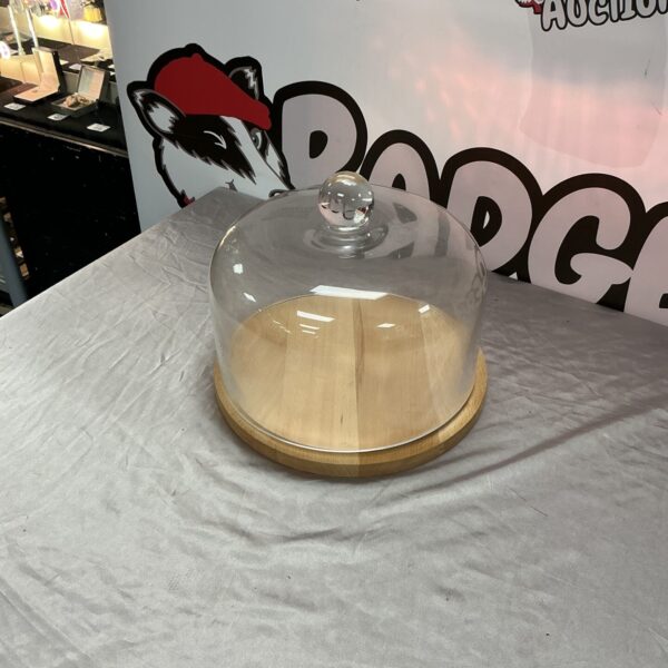 Elegant Pro Cook cake cloche with glass dome and wooden base.