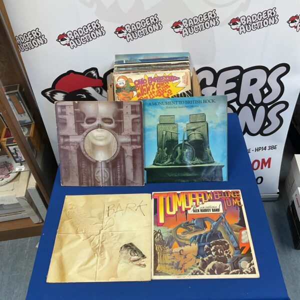 Collection of vintage prog rock LP records for collectors.