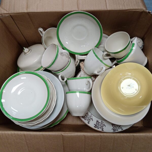 Vintage Queen’s Green Solium ware china plates and bowls collection.