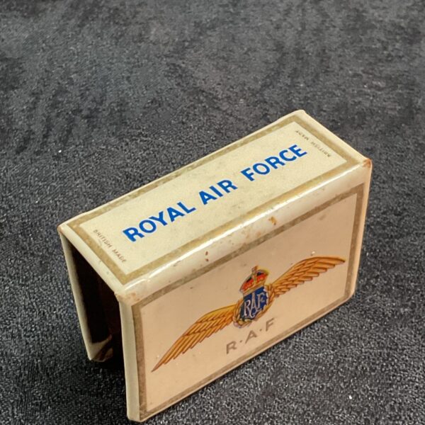 Vintage RAF matchbox holder, collectible military tin.