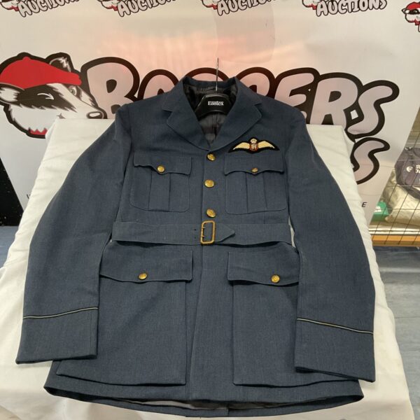 Vintage RAF Pilot Officer tunic, front view, WWII British military uniform.