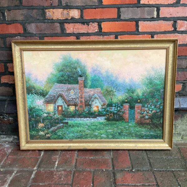 Vintage Ray Summer painting of a country cottage with flowers.