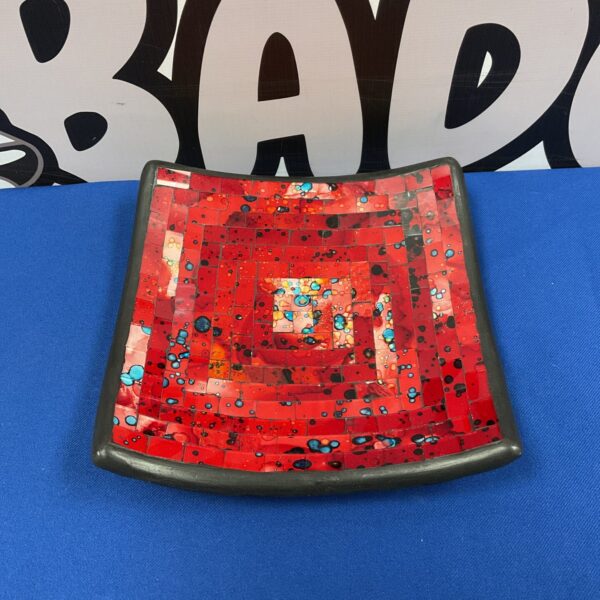 Vibrant red glass mosaic pottery bowl for home decor.