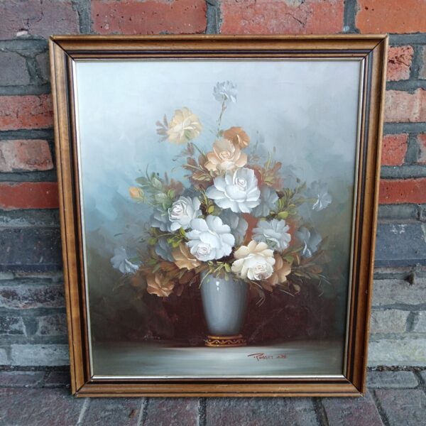 Vintage Robert LDX still life oil painting of flowers in a vase.