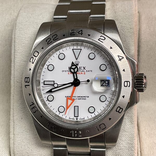 Front view of the Rolex Explorer II style reproduction watch.