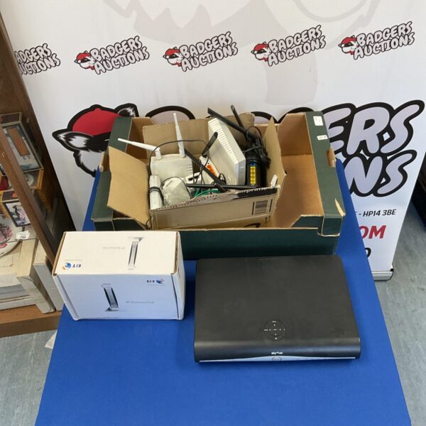 Router and Sky box lot with mixed routers for broadband connectivity.