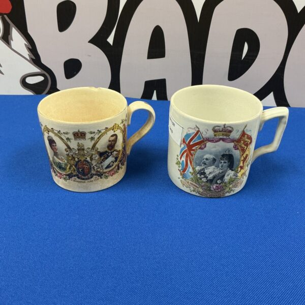 Vintage royal commemorative mugs, including Albert Pearce Pottery example.