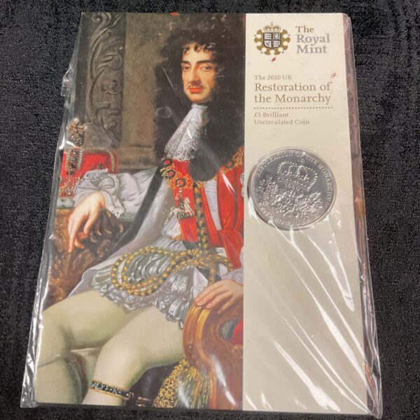 Royal Mint 2010 UK £5 coin commemorating the Restoration of the Monarchy.