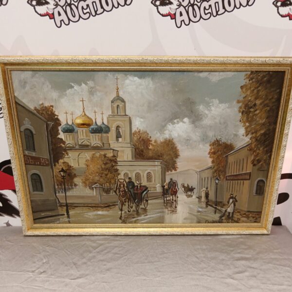 Vintage Russian oil painting of a church with horse-drawn carts.