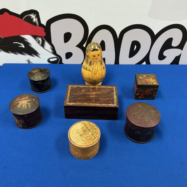 Hand-painted Russian trinket boxes and Matryoshka doll set.