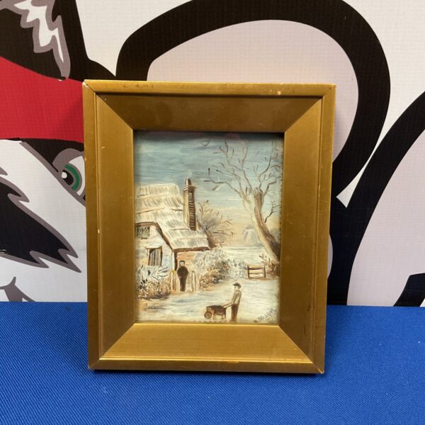 Signed Russian oil painting of a winter cottage scene with gilt frame.