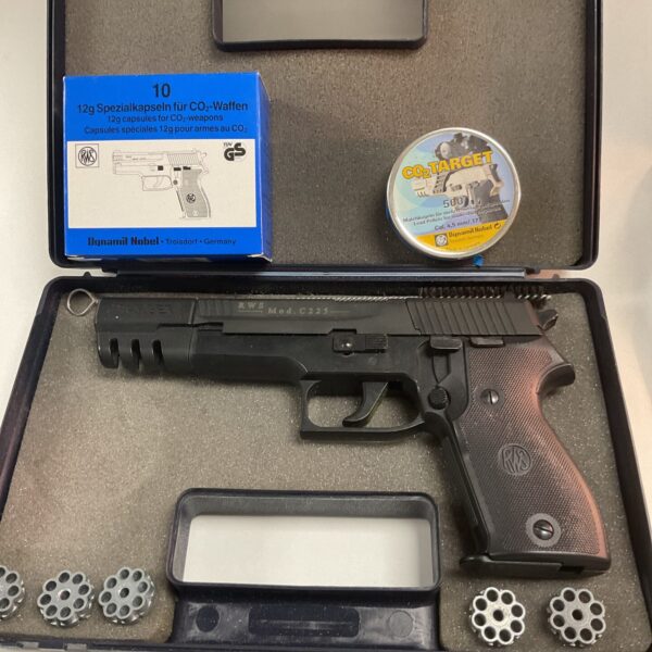 RWS Mod 225 CO2 air pistol with accessories in carry case.