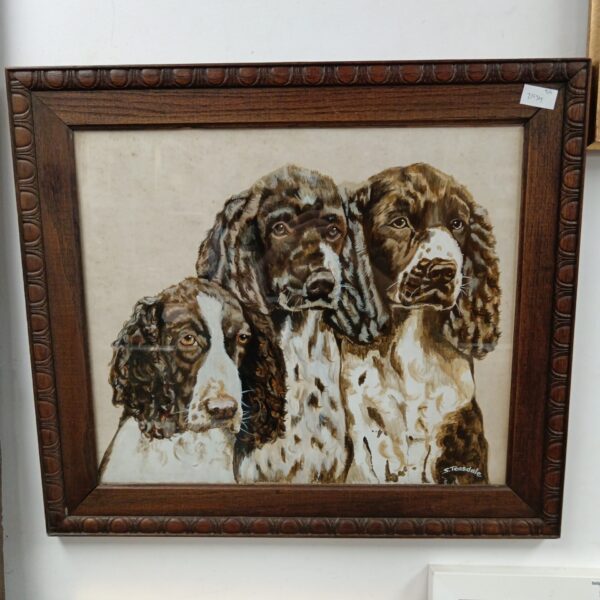 Vintage oil painting of three spaniel dogs by S Teasdale.