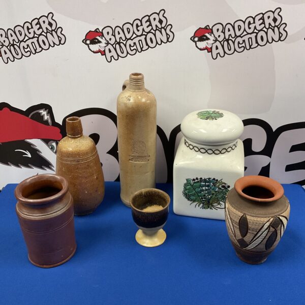 Vintage salt glazed pottery collection with Taunton Vale jar.