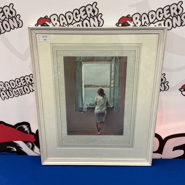 Surrealist ciclee print of a lady in a window by Salvador Dali.