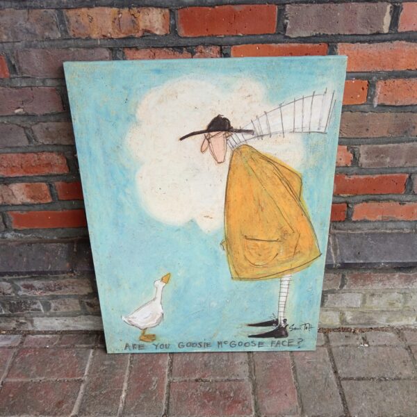 Sam Toft art print featuring a man and a goose, titled "are you goodie MC goose face".