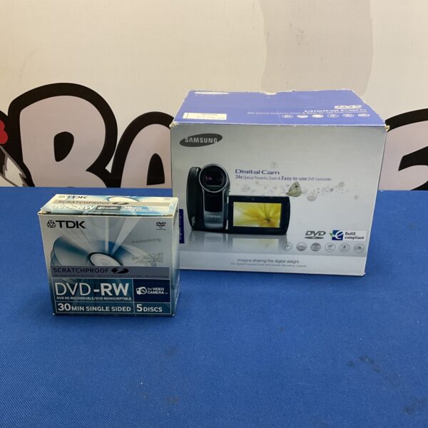 Samsung digital camcorder with TDK scratchproof DVD-RW discs.