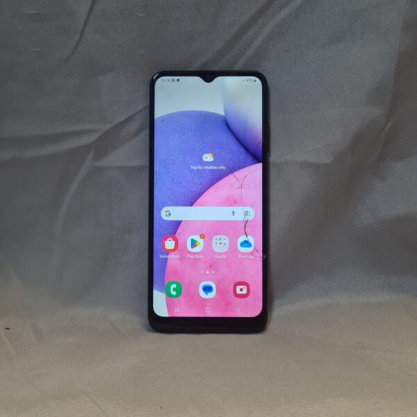 Front view of a Samsung Galaxy A03s smartphone with a cracked screen.