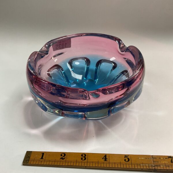 Vintage Sanyu art glass ashtray with swirling colours.