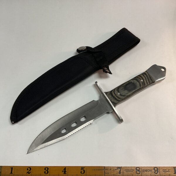 Stainless steel sheath knife with wood handle and black sheath.