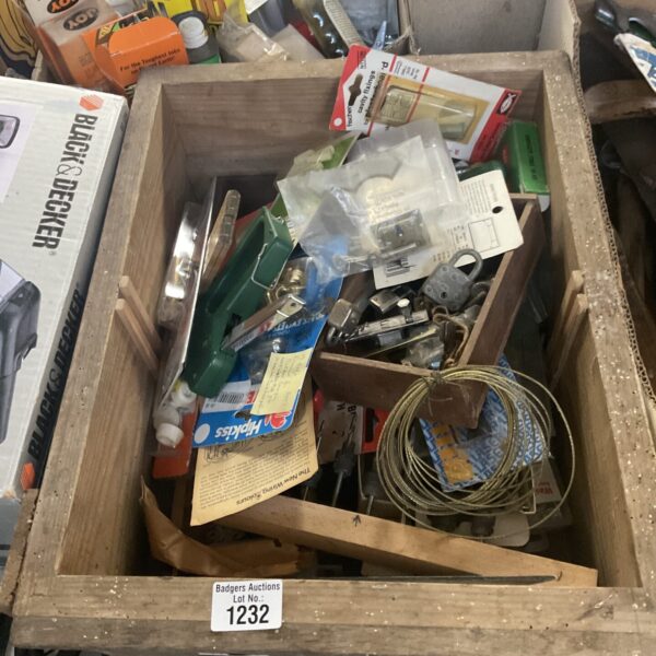 Crate of mixed garden and DIY tools for clearance.