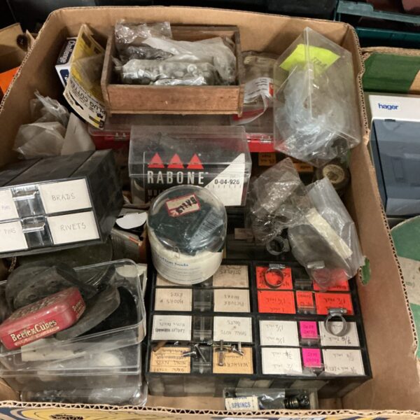 Mixed hardware and tool storage from a shed clearance lot.