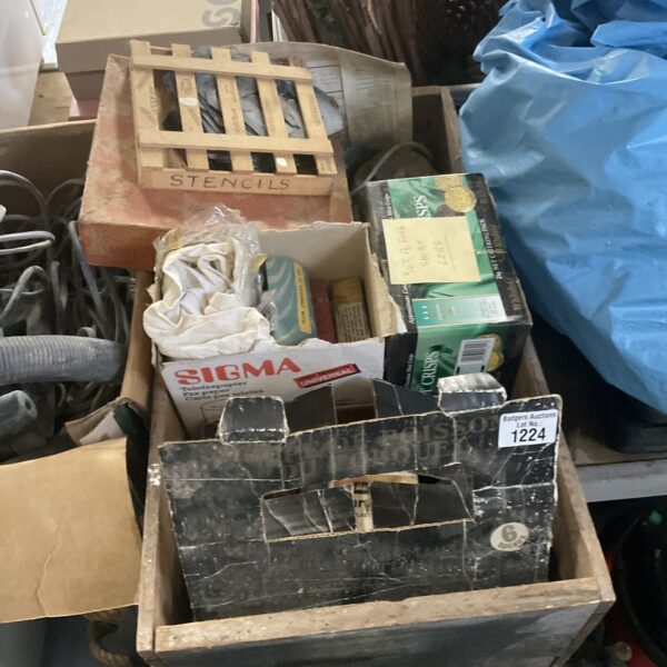 Box of stencils and garden tools from a shed clearance.