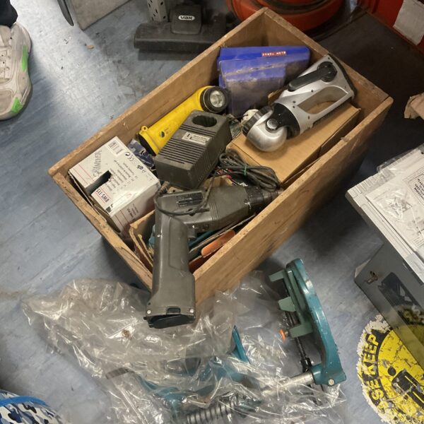 Mixed shed clearance lot with drill stand and power tools.