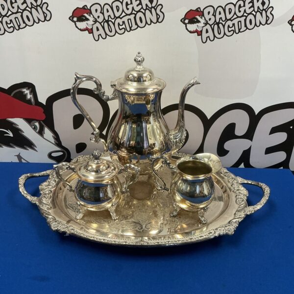 Vintage Sheridan silver plate coffee set on a decorative tray.