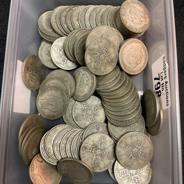 A lot of silver florins, British coins for collectors.