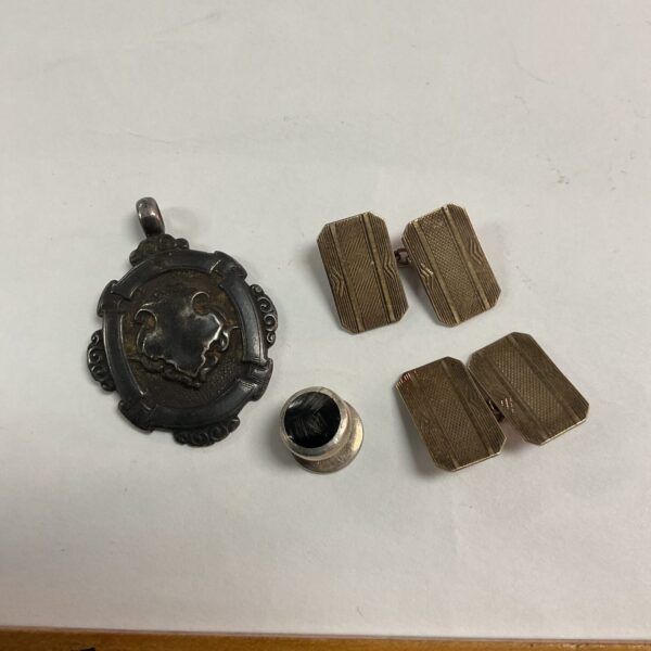 Vintage silver fob and 9ct gold cufflinks, antique gentleman's accessories.