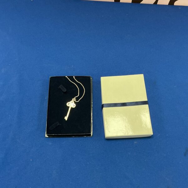 Silver key pendant necklace with jewelled accents on a black display.