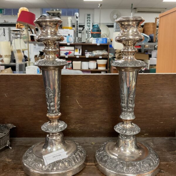 Ornate silver plate candle sticks, vintage home decor.