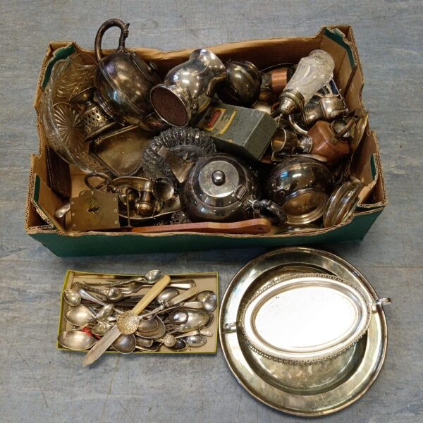 Large tray full of antique silver plate items.