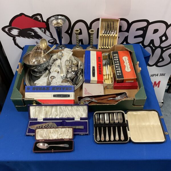 Vintage silver plate lot with cutlery, tray and rose bowl.