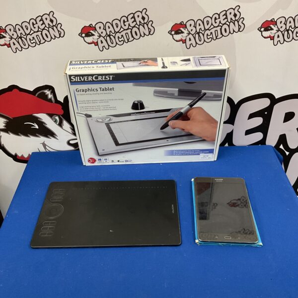 SilverCrest graphics tablet, Samsung tablet, and Huion pen tablet lot.