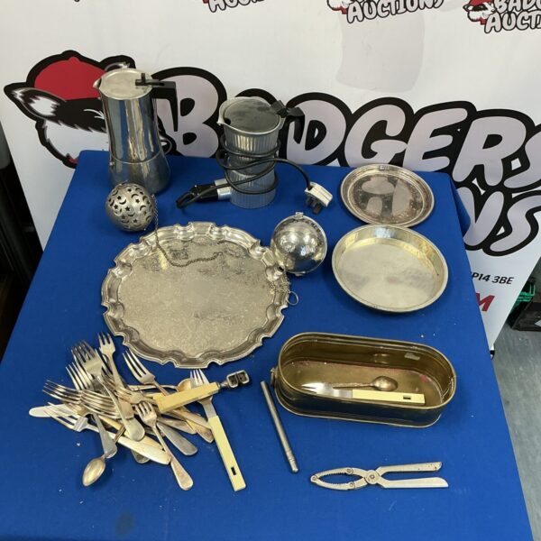 Vintage silverplate mixed lot with coffee maker and tableware.